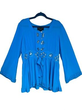 Ashro Blue Chiffon Sheer Button Up Beaded Bell Sleeve Blouse Evening Fairy XL